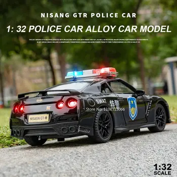 1:32 Nissan GTR Politsei Auto Mudeli Simulatsiooni Sulamist Diecast Metal Valguse Heli Sõidukid Ukse Saab Avada Tõmba Tagasi Kids Mänguasi