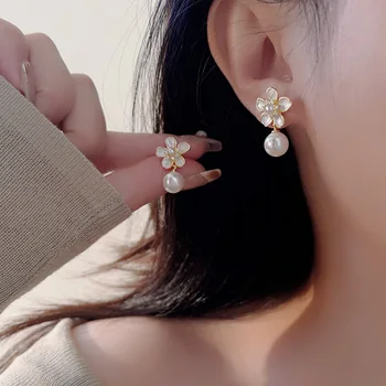 2023 Korea Pearl Tsirkoon Kõrvarõngad Naistele Elegantne Mood Kristall-Lill, Cherry Blossom Kõrvarõngas 925 Silver Needle Ehted