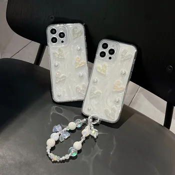 Korea stiilis Glitter Lilled Randme Chain Case For iPhone 14 Pro Max 13 12 11 ProMax XR 8 7 Pluss Pehme TPU Armastus Pärlid tagakaas