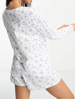 Naiste s Flower Trükitud Pidžaama Komplekt Vabaaja Pikad Varrukad Tops koos Lounge lühikesed Püksid Kahe Töö Sleepwear